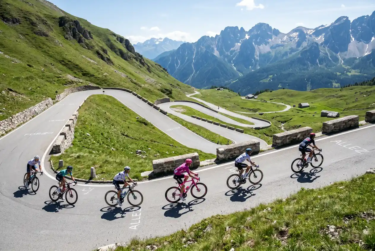 Ciclisti del peloton in salita di montagna alpina con tornanti durante una tappa di Grande Giro