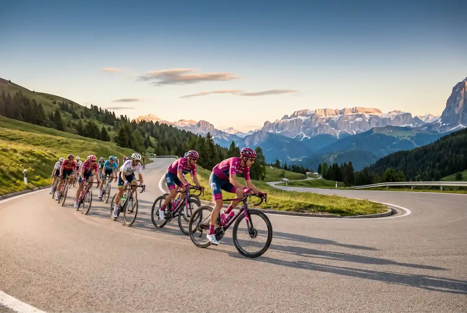 Gruppo di ciclisti professionisti UCI World Tour in salita di montagna durante una tappa di Grande Giro