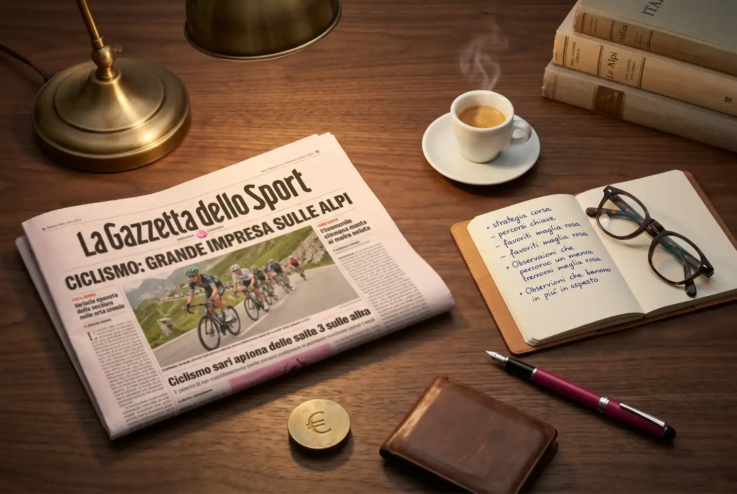 Scrivania editoriale con quotidiano sportivo italiano e appunti sull'analisi del mercato scommesse ciclismo ADM